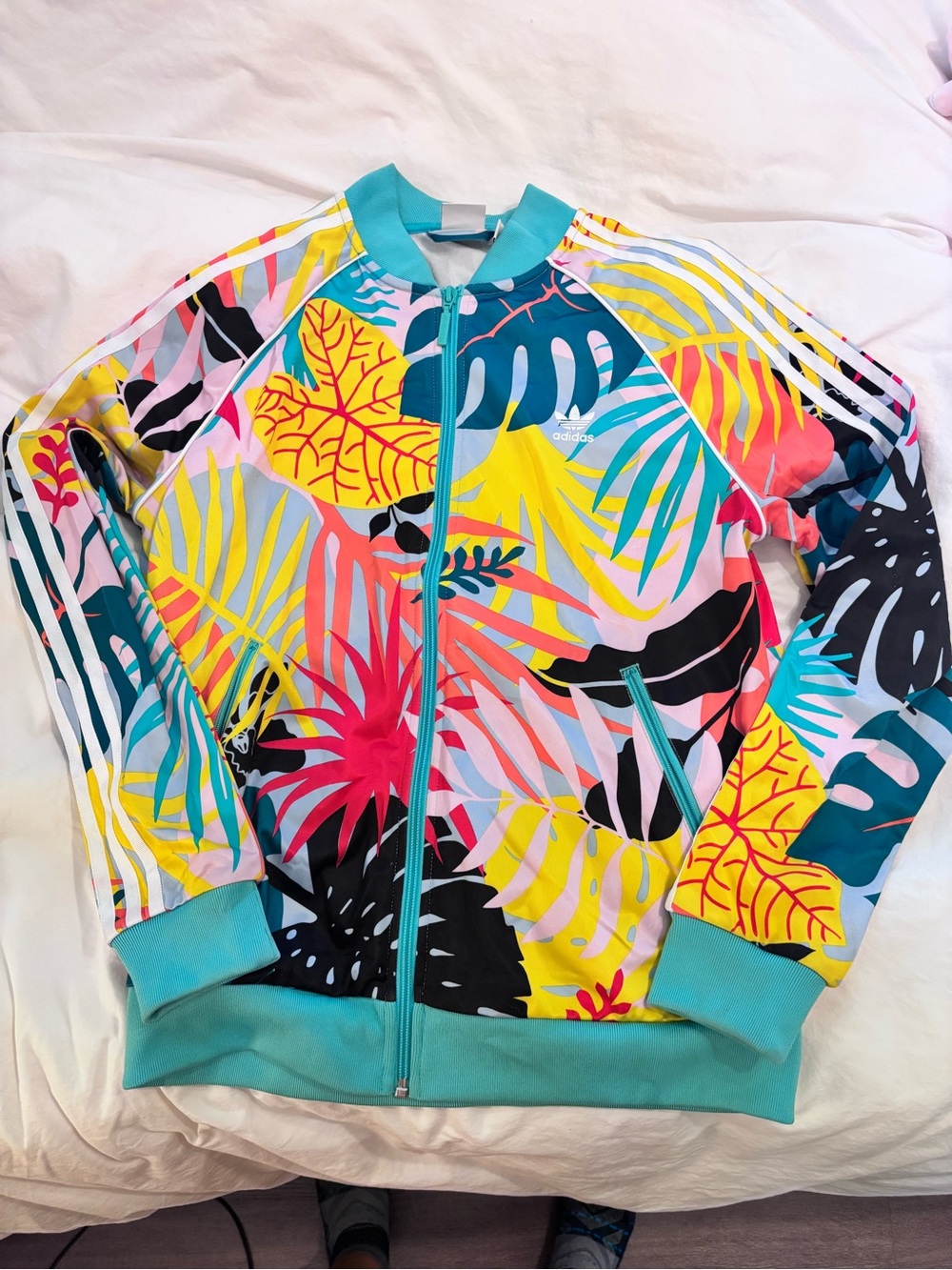 adidas Women's Tropical Floral Bomber Jacket - Teal, Yellow, Pink, Black